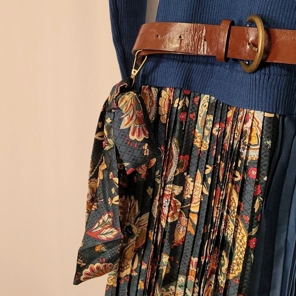𝅺Dalia Macphee Jewel Neck Sweater Dress with Paisley Pleated Skirt